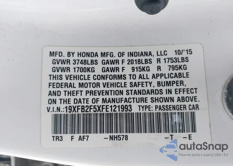 2015 Honda Civic Lx из США, поврежденный, VIN 19XFB2F5XFE121993